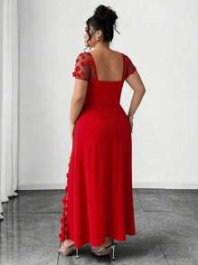 SHEIN PETITE Elegant Square Neck Ruffle Hem Split Hem Dress For Women, Summer - Red - View 2