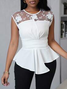 SHEIN Unity Women's Elegant Summer Contrast Mesh Applique Waist Design Asymmetric Hem Blouse - White - View 4