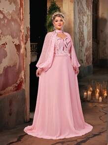 Plus Size Elegant Romantic Sweetheart Neck Detachable Sleeve Handmade Bead Decor Luxury Sequin Spliced Chiffon Big A-Line Hem Evening Gown, Summer - Pink - View 6