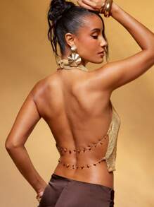 Hauture Top sin espalda con cuello de halter, metalizado y semitransparente con cadena de piedras, para vacaciones - Dorado - Ver 2