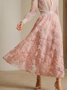 Anewsta 2025新款3D花朵装饰A字形薄纱优雅长裙 - 粉色 - 查看 6