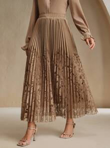 Anewsta Falda larga y de vuelo con diseño de patchwork de encaje y volantes para mujer - Marrón - Ver 4