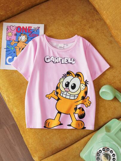 GARFIELD | SHEIN Young Girl Cartoon Pattern Pink Cute Short Sleeve T-Shirt