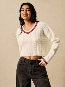 Easelle Suéter casual y vintage de estilo bohemio, holgado y cómodo, con cuello en V, en color beige, con corte cropped y detalles de rayas contrastantes, para usar en otoño e invierno - Beis - Ver 5