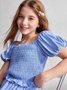 Ontre Set 2 piese pentru fete preadolescente: cămașă cu mâneci bufante și volane și pantaloni scurți cargo