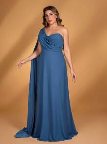 SHEIN Belle Plus Size Summer Elegant Romantic Peacock Blue Chiffon One Shoulder Gathered Swaying Collar Splicing Large Floating Piece Slim A-Line Hem Suitable For Dinner Bachelorette Party Date Holiday Dance Graduation Season Wedding Event Bridesmaid Dress