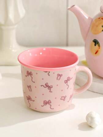Kawaii 1 pieza Taza de café de cerámica de color, taza de agua simple rosa para el hogar, apta para lavavajillas y microondas, taza con diseño de lazo, estilo kawaii, adecuada para restaurante u hogar, decoración del hogar