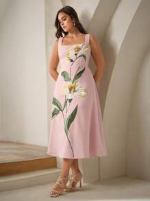 Anewsta Plus Size Women Luxury Vacation Style Spaghetti Strap Sexy Backless Pearl Flower Pattern Gown, Party Dress