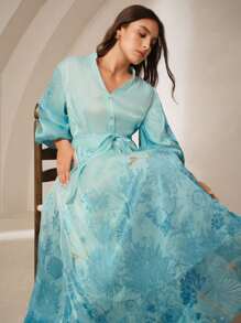 Anewsta 大码女式长款前开式数码印花休闲度假百搭中长连衣裙