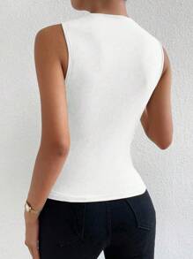 SHEIN PETITE Blanco Verano Top sin mangas de mujer con cuello de pie elegante y plisado - Blanco - Ver 2
