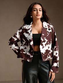 Anewsta Women's Casual Chic Animal Print Camo Short Jacket, Long Sleeve Motorcycle Outerwear For Autumn - Brown - View 11