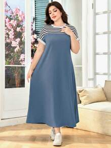 SHEIN Lacomfia Plus Size Summer Casual Striped Patchwork Dress - Blue - View 1
