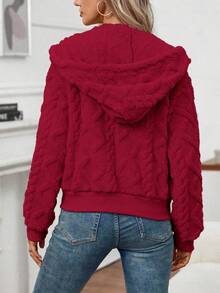 EMERY ROSE Women Casual Solid Color Textured Fleece Hooded Zipper Jacket Fall Winter Cloth For Women - Burgundy - View 2