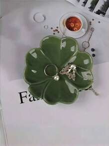 Ceramic Jewelry Tray With Floral Design, Tabletop Multipurpose Organizer For Cosmetics And Accessories, Nordic Style Clover Leaf And Leaf Shaped Storage Box For Engagement, Wedding, Birthday Gifts - 1pc, Jewelry Trays Gifts For Women - Green - View 5