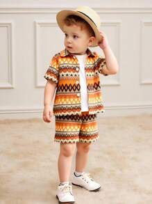 SHEIN Vintaside Kids 2 件套春夏新款休闲风格纯色提花纹理纽扣口袋领衬衫和松紧腰褶皱短裤搭配舒适男婴服装、儿童服装、幼儿服装、婴儿服装、幼儿外套、幼儿短裤、6M-3T - 橘色 - 查看 4