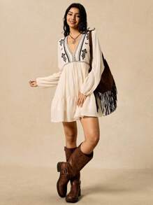 Easelle 杏色梭织女式休闲短款连衣裙 - 米色 - 查看 2