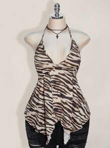 SHEIN ICON Plus Size Women's Sexy Backless Zebra Print Summer Top, Suitable For Summer Vacation, Festivals Leopard Print - Multicolor - View 3