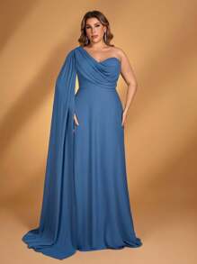 SHEIN Belle Plus Size Summer Elegant Romantic Peacock Blue Chiffon One Shoulder Gathered Swaying Collar Splicing Large Floating Piece Slim A-Line Hem Suitable For Dinner Bachelorette Party Date Holiday Dance Graduation Season Wedding Event Bridesmaid Dress