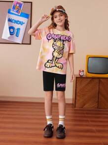 GARFIELD | SHEIN Ensemble 2 pièces de T-shirt style sport décontracté ample avec motif tie-dye et graffiti et shorts de cyclisme noirs pour jeune fille, adapté pour le printemps/été et les sports extérieurs