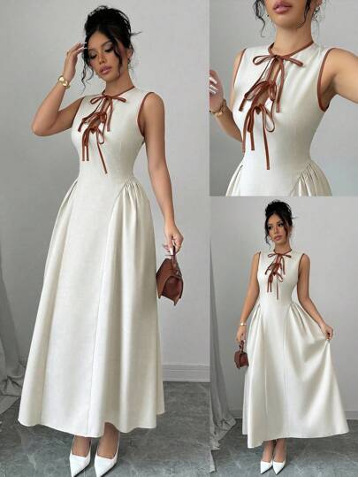 Elenzga New Women Hollow Out Collar Color Block Tie Waist Side Ruched Hem Sleeveless Texture Pleated Dress, Zipper Back, Fashion, Young, Elegant, Versatile, Waist Slimming, Spring/Summer/Autumn/Winter