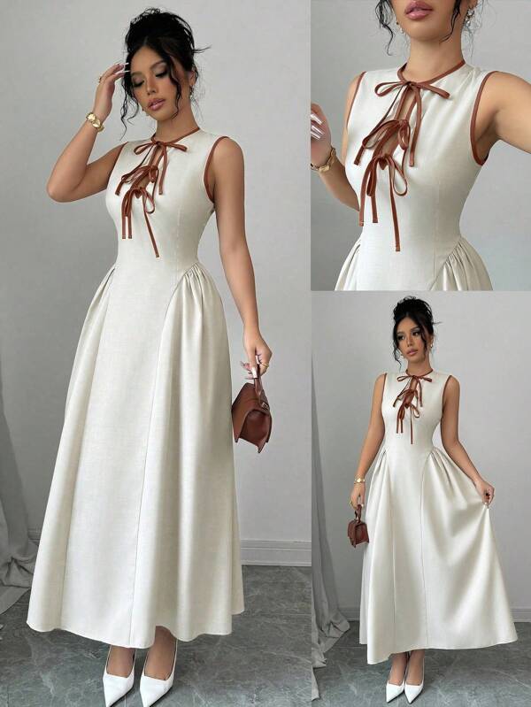 Elenzga New Women Hollow Out Collar Color Block Tie Waist Side Ruched Hem Sleeveless Texture Pleated Dress, Zipper Back, Fashion, Young, Elegant, Versatile, Waist Slimming, Spring/Summer/Autumn/Winter