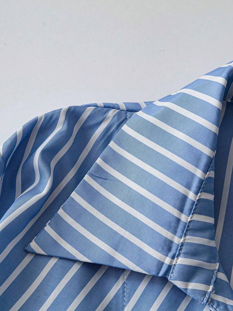 Franclia Asymmetrical Waist Slimming Striped Long Sleeve Blouse Women Shirt - Blue - View 5