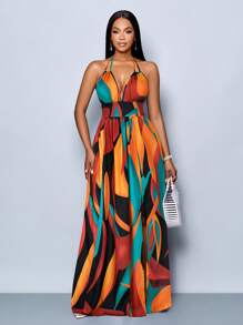 SOLERSUN 女式休闲假日深 V 领露背褶饰开衩大腿长裙，带植物印花 - 紅色 - 查看 4