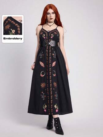 EDITION Dark Vintage Gothic Star & Moon Embroidered A-Line Women's Cami Dress, Summer