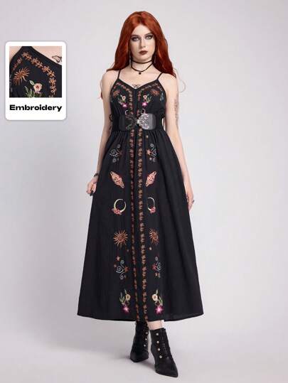 EDITION Dark Vintage Gothic Star & Moon Embroidered A-Line Women's Cami Dress, Summer