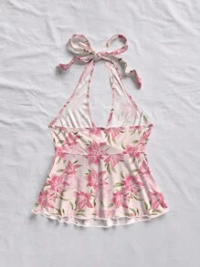 Soleia 女式花卉印花 V 领系带露背娃娃装上衣，休闲度假装，适合夏季 - 粉色 - 查看 2