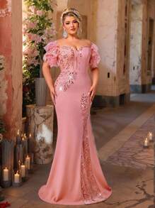 SHEIN Belle Robe de soirée formelle et élégante grande taille à épaules dénudées, col en cœur romantique, avec garniture de plumes, patchwork brodé, tricot extensible, fendue Top de la cuisse en forme de queue de poisson. Robe de soirée de luxe