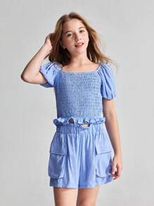 Ontre Set 2 piese pentru fete preadolescente: cămașă cu mâneci bufante și volane și pantaloni scurți cargo