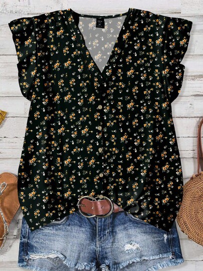 EMERY ROSE Plus Size Women's Casual Minimalist Black Floral Print V-Neck Ruffle Hem Blouse, Suitable For Summer