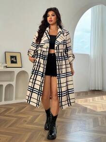 SHEIN EZwear Áo gió dài tay cổ bẻ in họa tiết kẻ caro thời trang thu đông cỡ lớn cho nữ - Nhiều màu - Xem 2