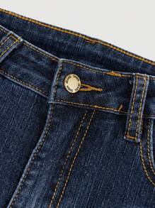 SHEIN Girlism Jeans acampanados de ajuste ceñido de mezclilla desgastada con bolsillo en ángulo para ropa y conjunto de ropa de verano para niñas preadolescentes de estilo retro 2000