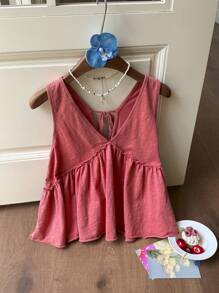 Comfortcana 女式度假休闲针织无袖雪花装饰T恤 - 紅木色 - 查看 3