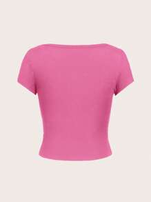 SHEIN EZwear Áo thun nữ cổ tròn tay raglan màu đen ôm sát, màu hồng fuchsia tối giản, phù hợp cho mùa hè - Màu Hồng Tươi - Xem 2