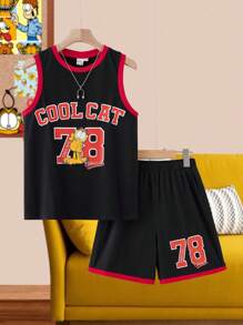 GARFIELD | SHEIN 青少年男孩卡通数字图案拼色休闲运动宽松背心和短裤套装 - 黑色 - 查看 1