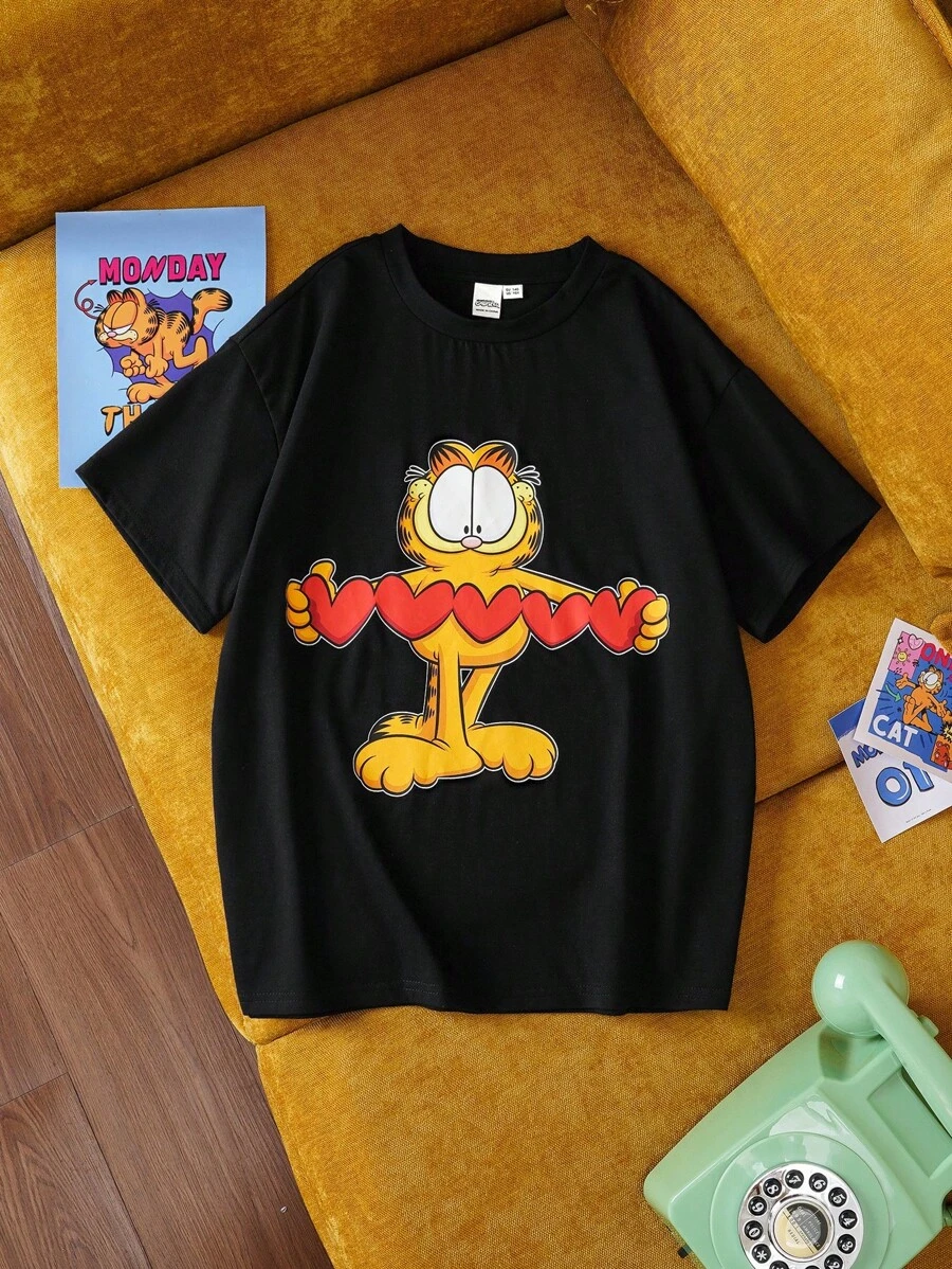 GARFIELD | SHEIN Tween Girl Cute Cartoon Heart Printed Black Short Sleeve T-Shirt, Summer - Black - View 1