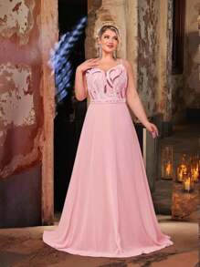 Plus Size Elegant Romantic Sweetheart Neck Detachable Sleeve Handmade Bead Decor Luxury Sequin Spliced Chiffon Big A-Line Hem Evening Gown, Summer - Pink - View 7