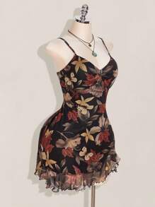 SHEIN ICON Vestido con cuello cuadrado con volantes, estampado de hojas de arce, con abertura frontal, talla grande, adecuado para verano, otoño, vuelta al colegio, vacaciones de verano - Multicolor - Ver 6