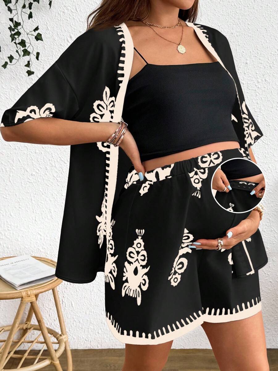 SHEIN Maternity Casual Contrast Color Jacket And Shorts Loose Suit - Black - View 1