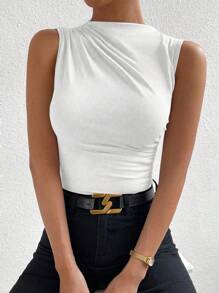 SHEIN PETITE Blanco Verano Top sin mangas de mujer con cuello de pie elegante y plisado - Blanco - Ver 3