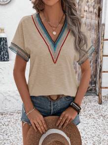 SHEIN LUNE 女士蕾丝拼接 V 领蝙蝠袖短袖休闲 T 恤