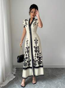 Elenzga 女士修身印花夏装 - 杏色 - 查看 5