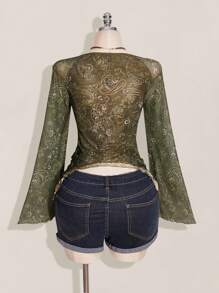 SHEIN ICON Women's Bohemian Holiday Paisley Print T-Shirt, Asymmetric Hem, Bell Sleeves, Vintage Y2k, Fall Boho Tops For Women Olive Green Top Paisley Top Bohemian Top Bell Sleeve Top,Back To School Bohemian Tops