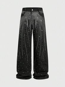 ROMWE MEN Street Life Quần Jeans Rộng Baggy Kim Cương Lấp Lánh Cho Nam - màu đen - Xem 7