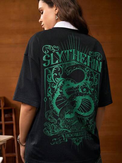 HARRY POTTER X SHEIN Women's Casual Versatile Green Letter Graphic Loose Short-Sleeved Black T-Shirt, Back To School Season