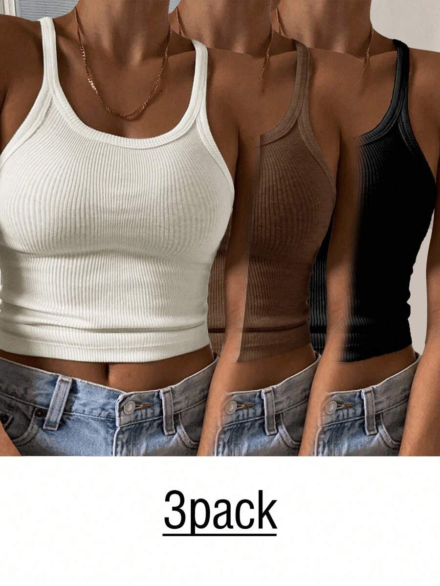 Slaydiva 3pcs/Set Atasan Tank Camisole Kasual Ketat Ukuran Plus Wanita, Hitam, Cokelat Tua, Krem Muda, Cocok untuk Musim Panas dan Kembali ke Sekolah - MultiWarna - View 1