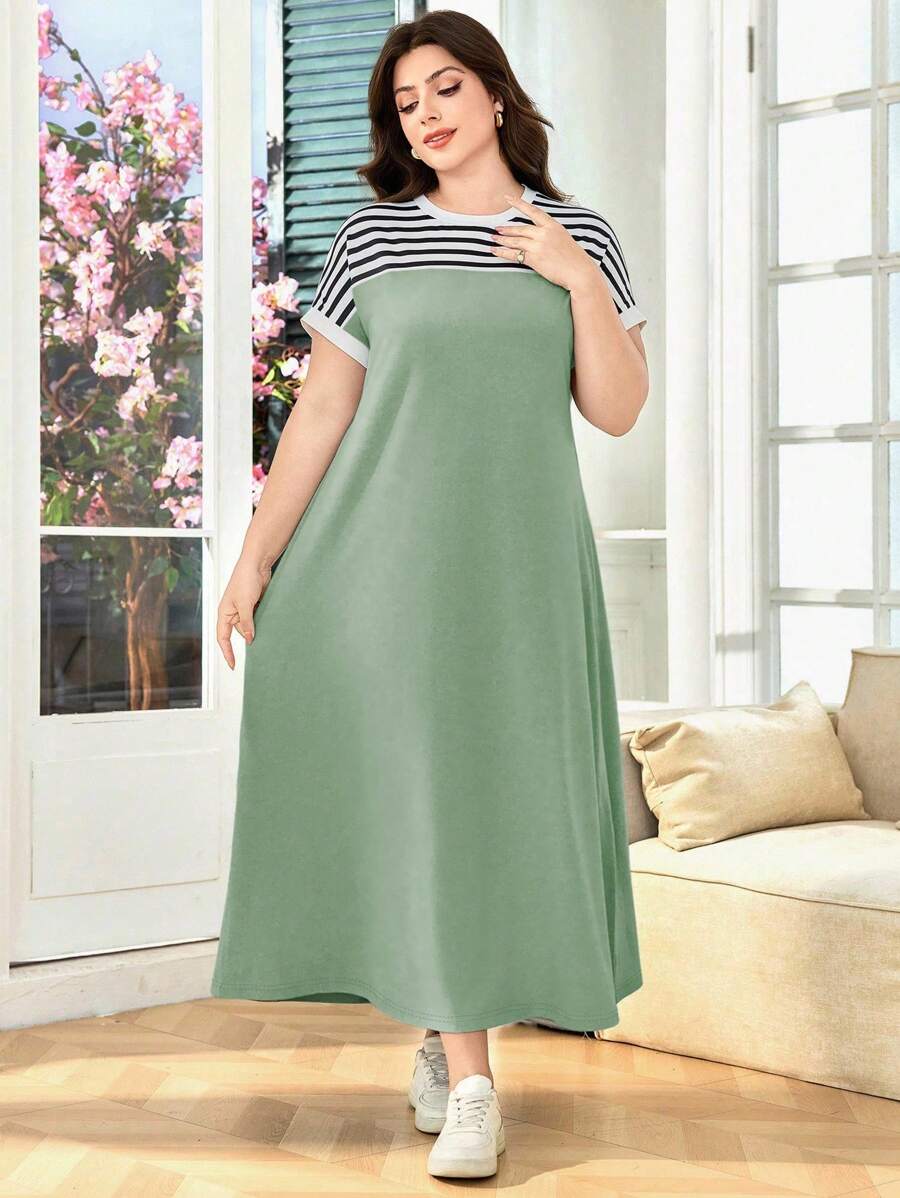 SHEIN Lacomfia 大码纯色短袖连衣裙，夏季时尚 - 橄欖綠 - 查看 1